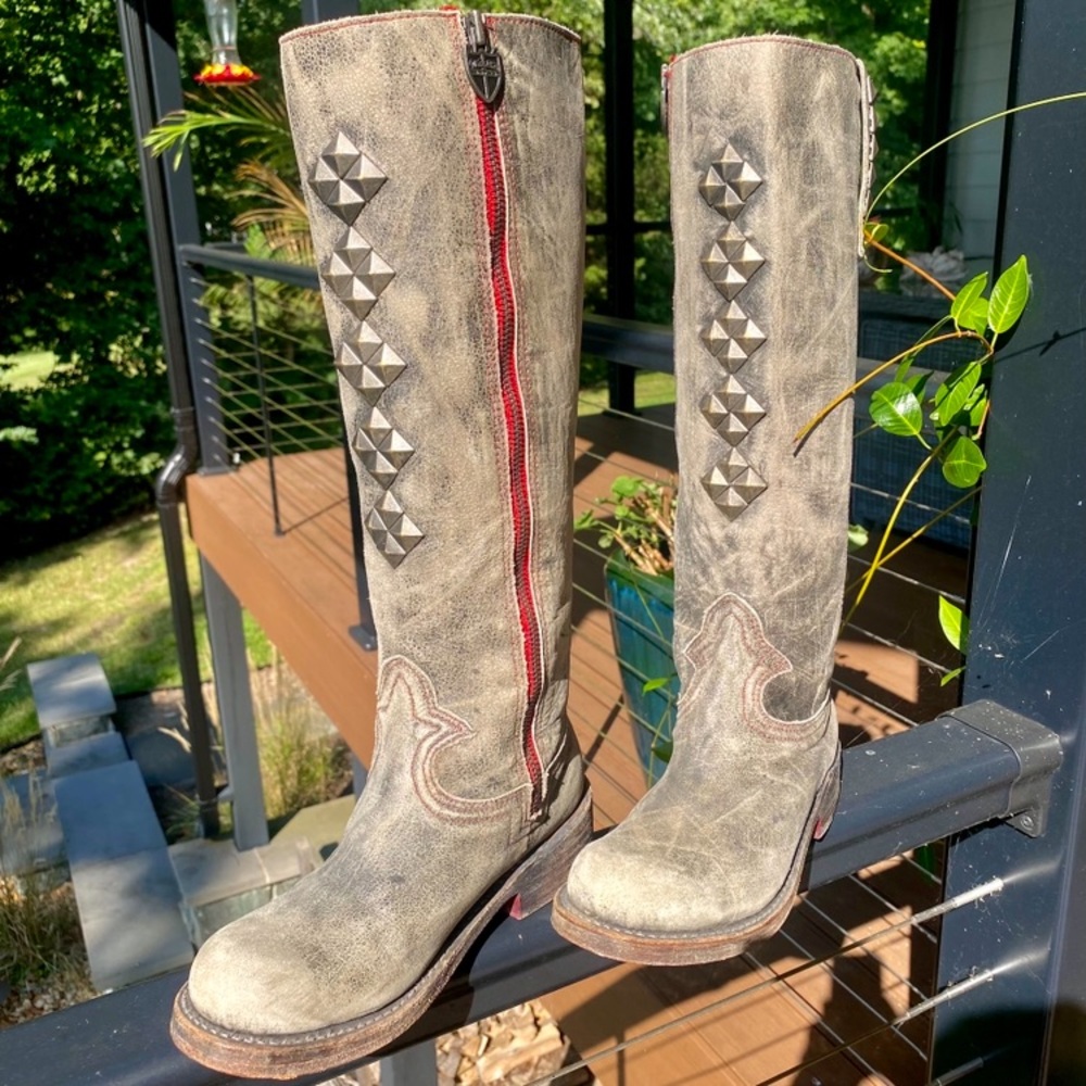 ♥️ ‘WALK BY FAITH … Vintage’ Studded Western Boots - Greenish- Gray and Red ♥️